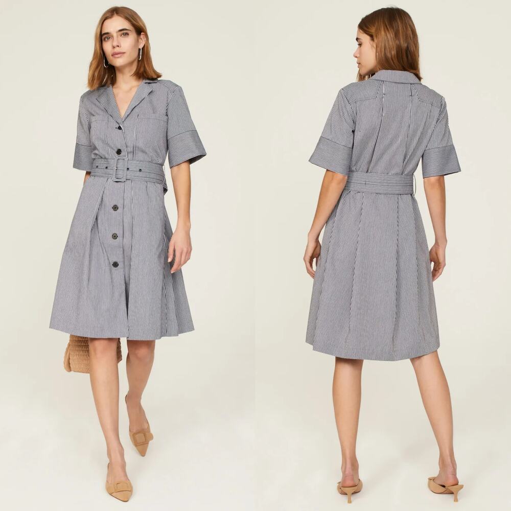 Adam Lippes Striped Work Dress Short Sleeve Button-Front Collared Blue & White 2